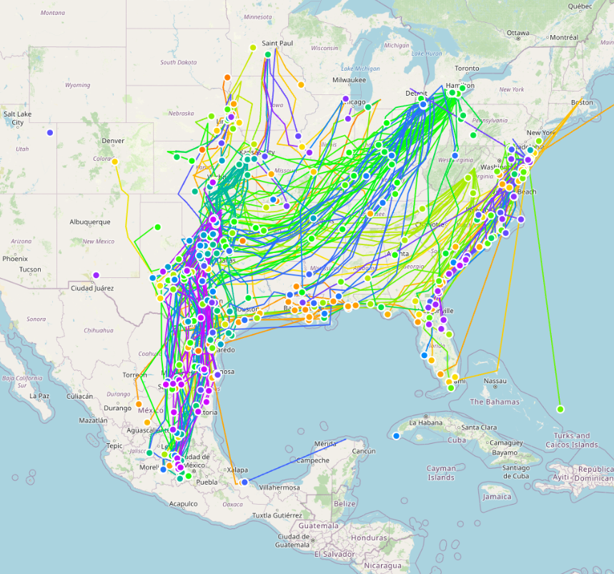 Map showing all tags going to Mexico